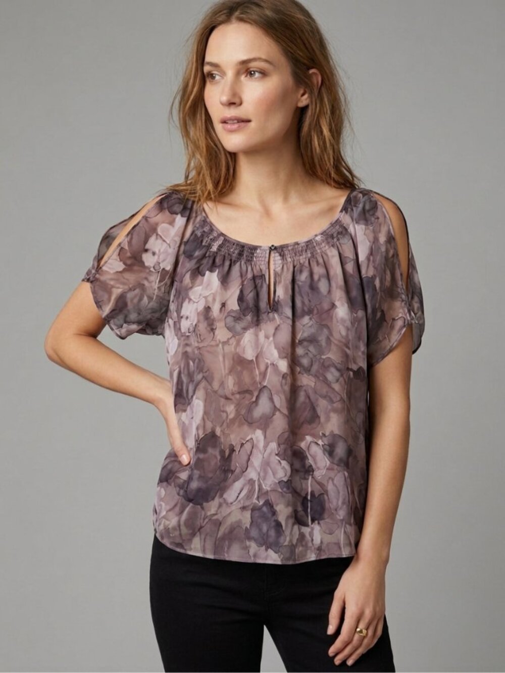 Rebecca Taylor 100% Silk Watercolor Floral Cold Shoulder Blouse Size 2